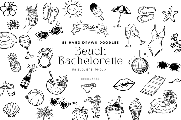 Download Beach Bachelorette Doodle Clipart Set - Clipart set Collection